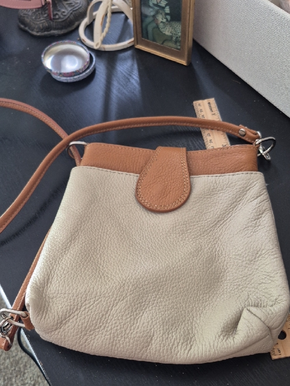 Leather Crossbody Bag in Cream and Tan - Classic Two-Tone Style, Leather. - Picture 2 of 5